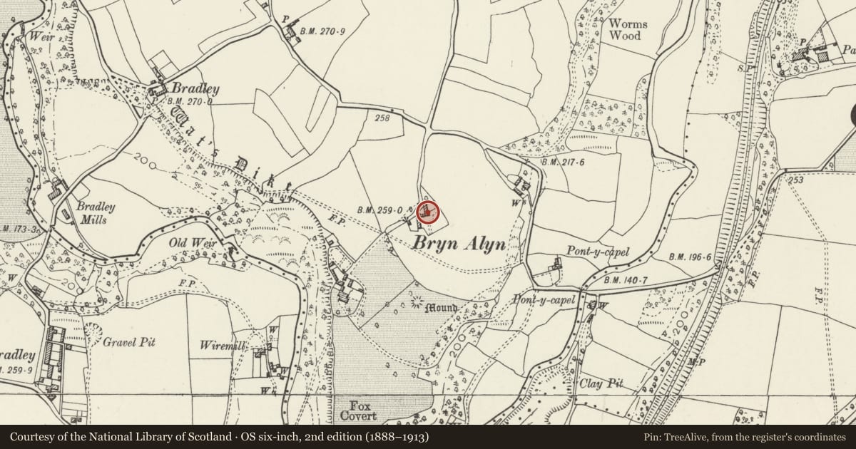 Ordnance Survey six-inch map, 2nd edition (1888–1913) covering the location of Bryn Alyn Farmhouse, Llay, Wrexham, with a pin at the register's coordinates