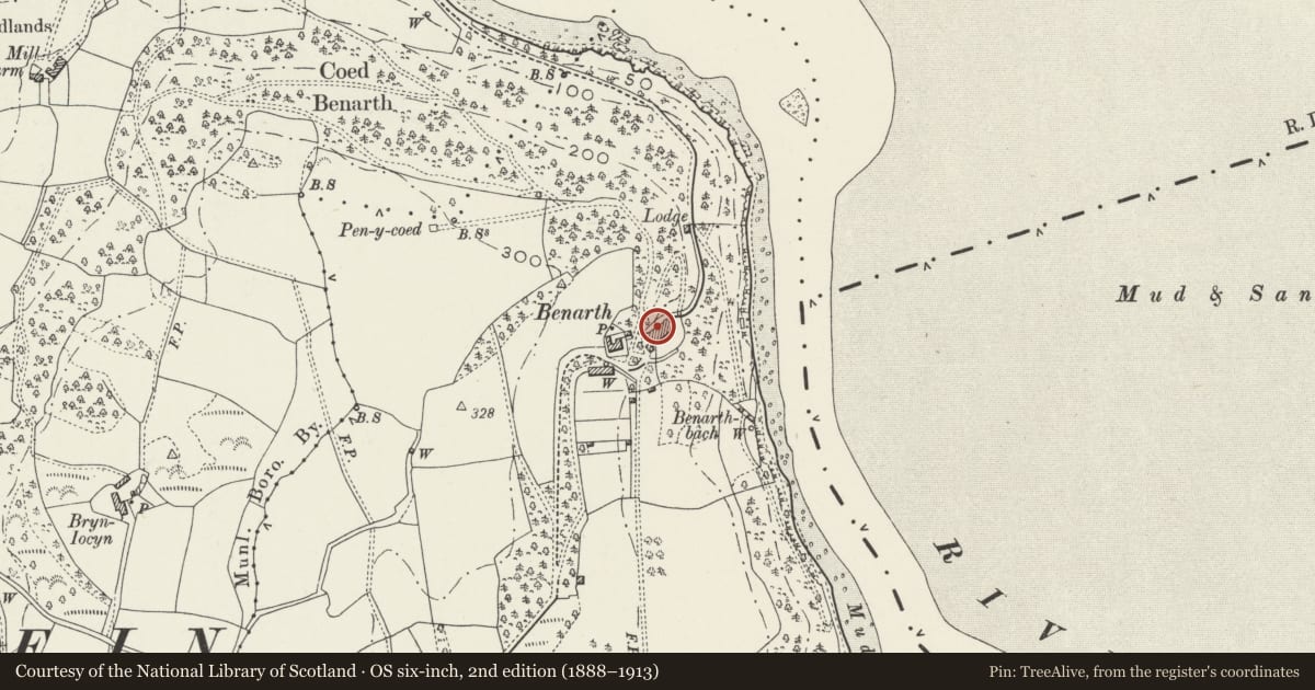 Ordnance Survey six-inch map, 2nd edition (1888–1913) covering the location of Benarth Hall ( including balustraded terrace to SE ), Henryd, Conwy, with a pin at the register's coordinates