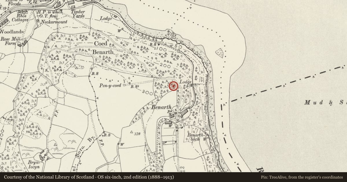 Ordnance Survey six-inch map, 2nd edition (1888–1913) covering the location of Ice House at Benarth Hall, Henryd, Conwy, with a pin at the register's coordinates