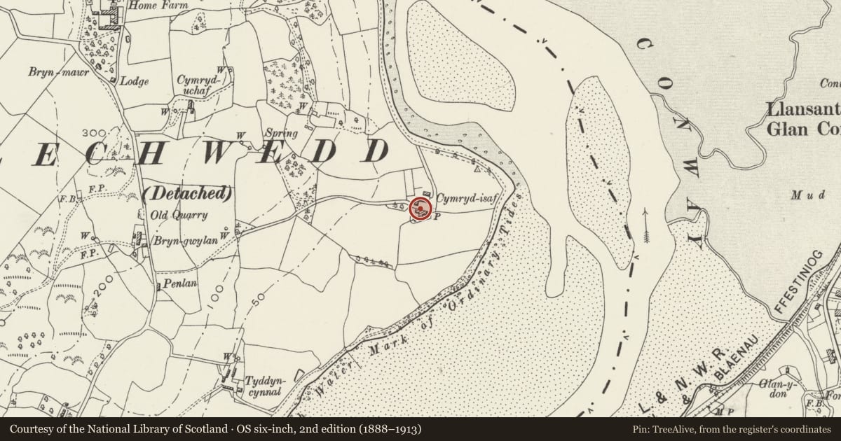 Ordnance Survey six-inch map, 2nd edition (1888–1913) covering the location of Barn at Cymryd, Henryd, Conwy, with a pin at the register's coordinates
