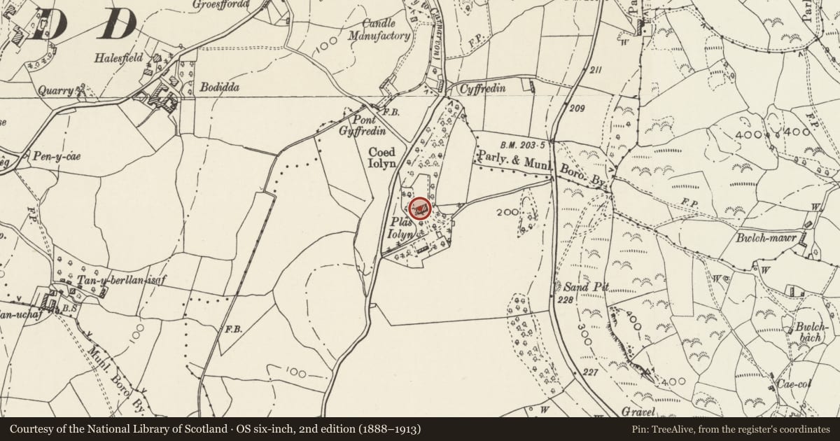 Ordnance Survey six-inch map, 2nd edition (1888–1913) covering the location of Plas Iolyn, Henryd, Conwy, with a pin at the register's coordinates