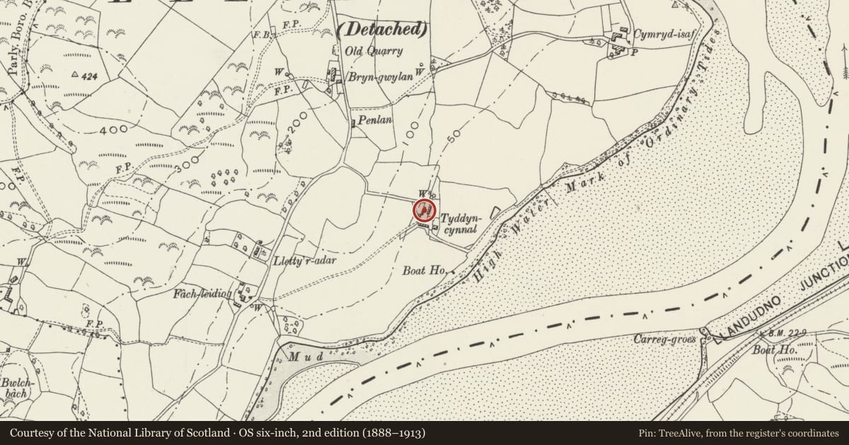 Ordnance Survey six-inch map, 2nd edition (1888–1913) covering the location of Former House and Byre Range at Tyddyn-Cynal, Henryd, Conwy, with a pin at the register's coordinates