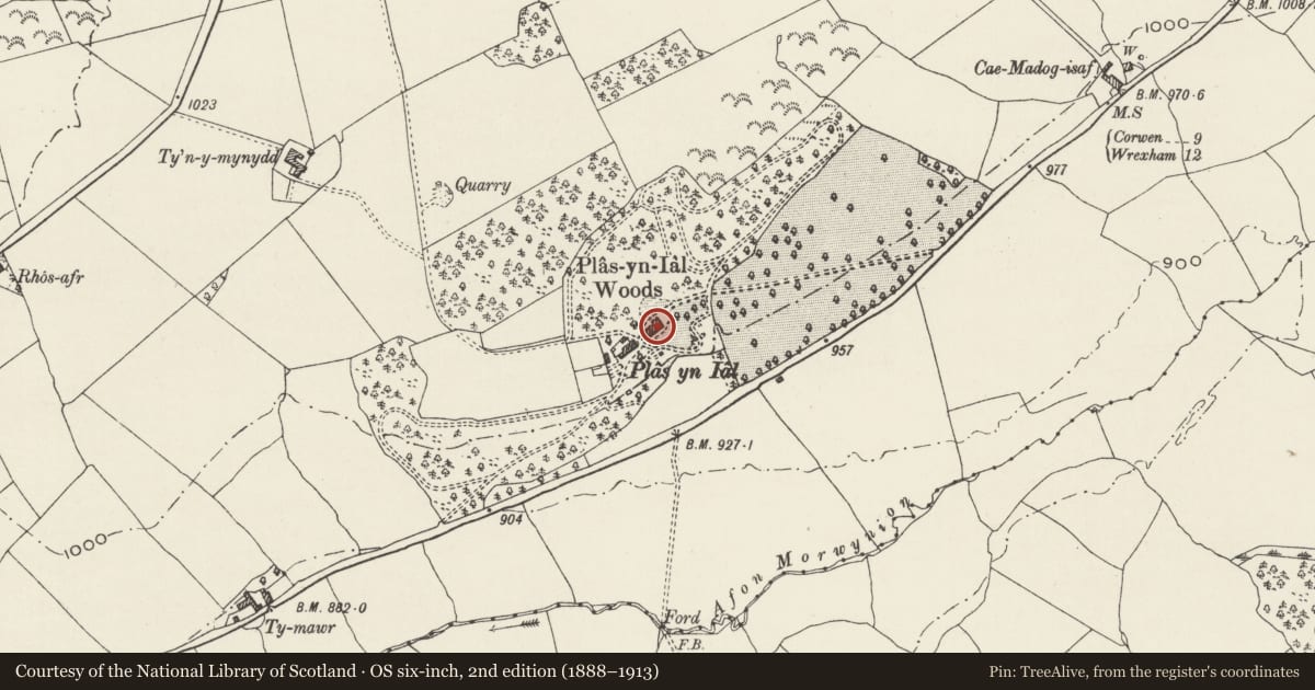 Ordnance Survey six-inch map, 2nd edition (1888–1913) covering the location of Plas-yn-Iâl, Bryneglwys, Denbighshire, with a pin at the register's coordinates