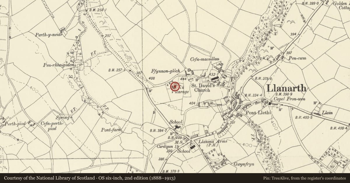 Ordnance Survey six-inch map, 2nd edition (1888–1913) covering the location of The Vicarage, Llanarth, Ceredigion, with a pin at the register's coordinates