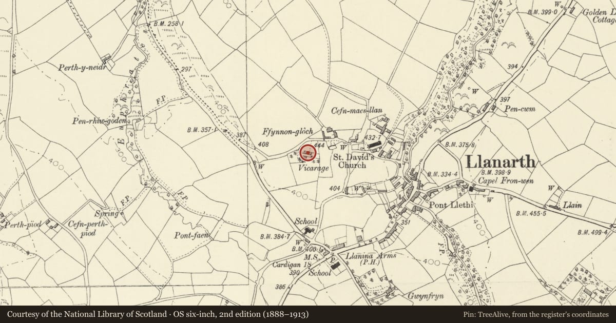 Ordnance Survey six-inch map, 2nd edition (1888–1913) covering the location of Coach-house and Stable Range at the Vicarage, Llanarth, Ceredigion, with a pin at the register's coordinates