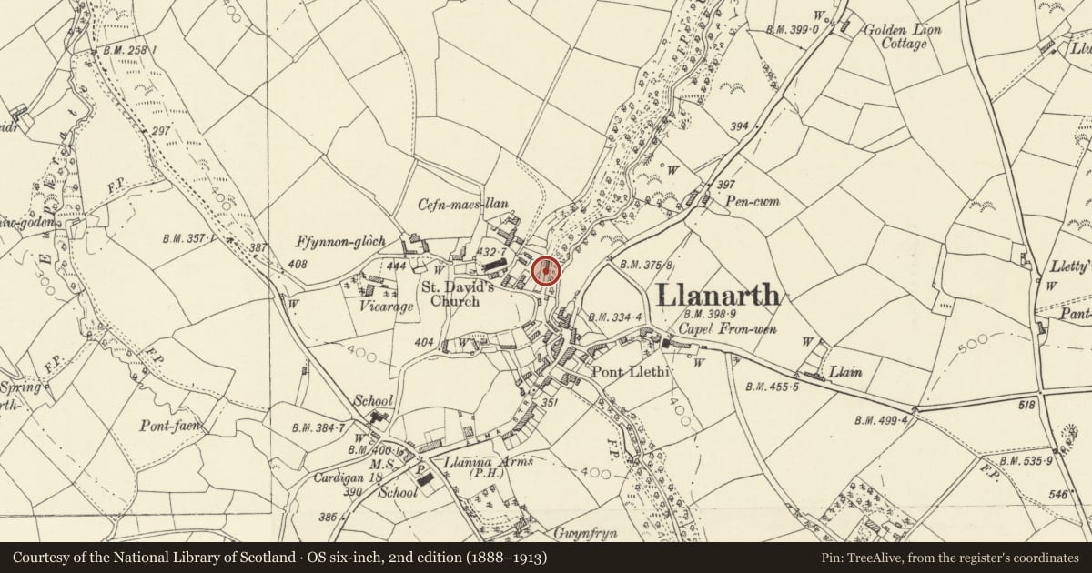Ordnance Survey six-inch map, 2nd edition (1888–1913) covering the location of North Parade, Llanarth, Ceredigion, with a pin at the register's coordinates