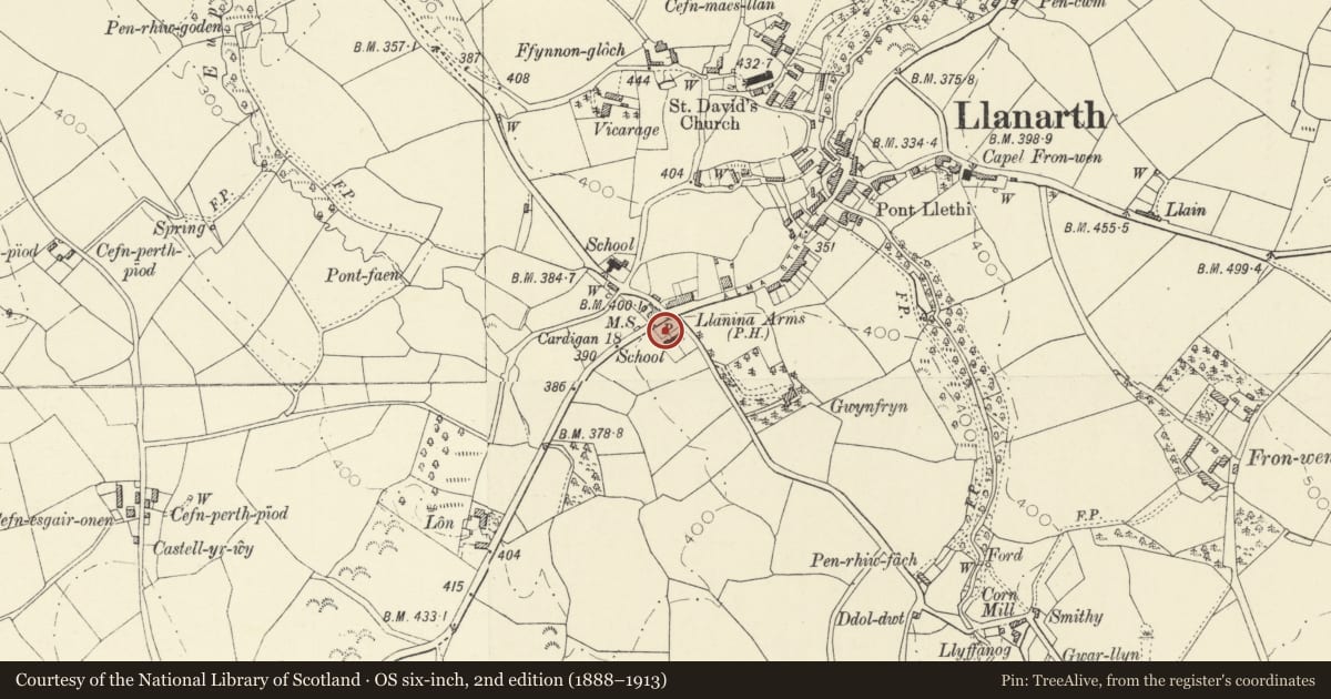 Ordnance Survey six-inch map, 2nd edition (1888–1913) covering the location of Milestone outside School, Llanarth, Ceredigion, with a pin at the register's coordinates