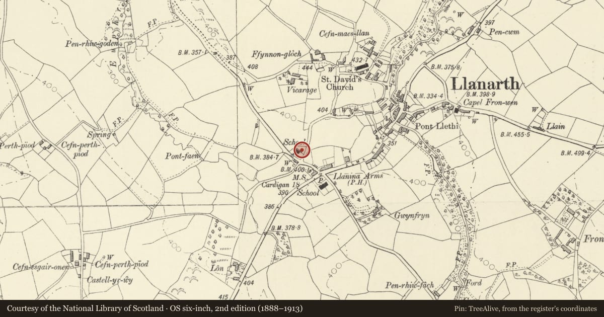 Ordnance Survey six-inch map, 2nd edition (1888–1913) covering the location of Llanarth Villa, Ceredigion, with a pin at the register's coordinates