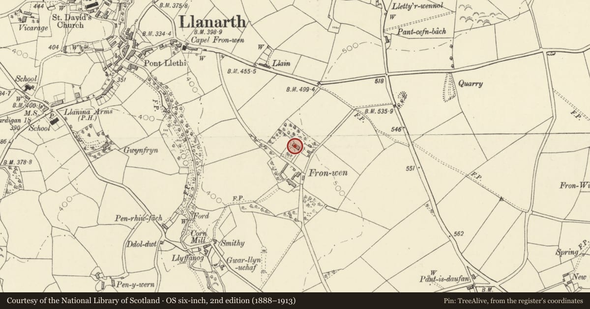 Ordnance Survey six-inch map, 2nd edition (1888–1913) covering the location of Fronwen Uchaf, Llanarth, Ceredigion, with a pin at the register's coordinates