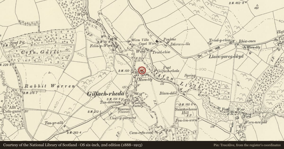 Ordnance Survey six-inch map, 2nd edition (1888–1913) covering the location of Cottage behind Glennydd, Llanarth, Ceredigion, with a pin at the register's coordinates