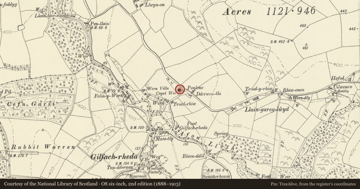 Ordnance Survey six-inch map, 2nd edition (1888–1913) covering the location of Y Wern Independent Chapel, Llanarth, Ceredigion, with a pin at the register's coordinates