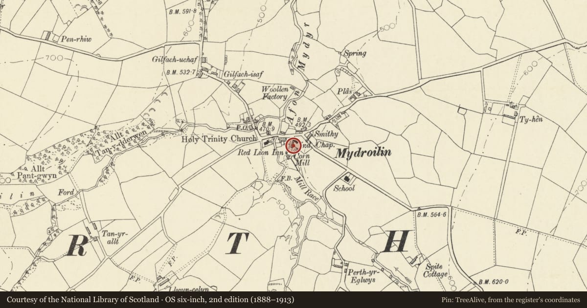 Ordnance Survey six-inch map, 2nd edition (1888–1913) covering the location of Y Felin, Llanarth, Ceredigion, with a pin at the register's coordinates