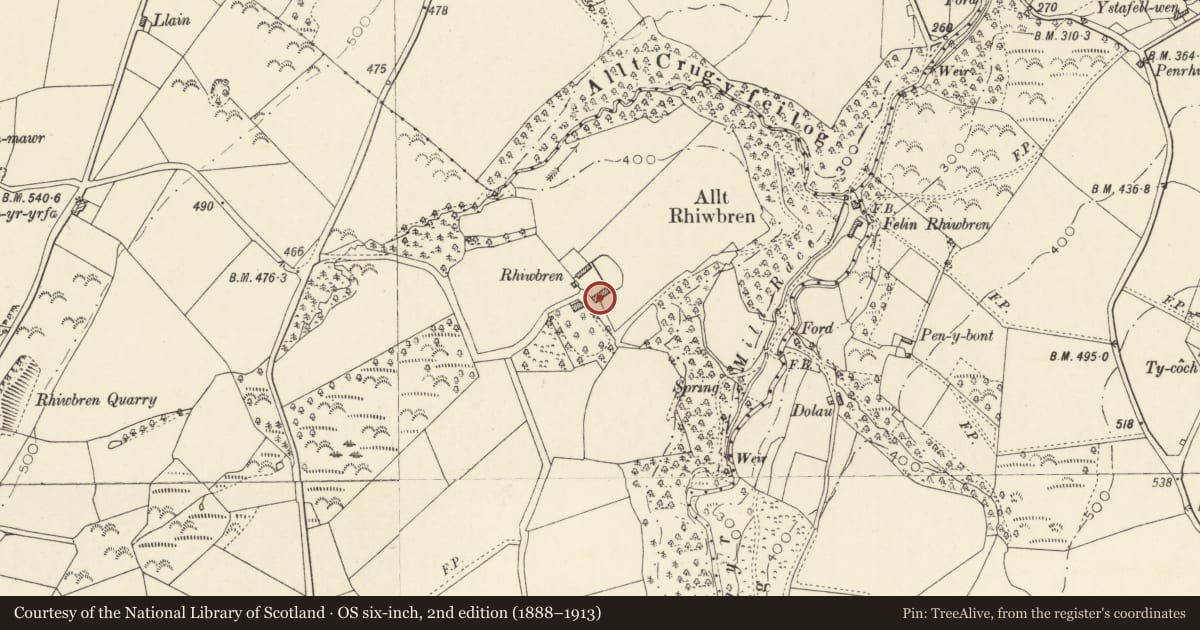 Ordnance Survey six-inch map, 2nd edition (1888–1913) covering the location of Rhiwbren Fawr, Llanarth, Ceredigion, with a pin at the register's coordinates