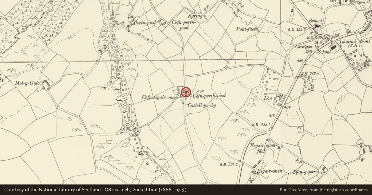 Ordnance Survey six-inch map, 2nd edition (1888–1913) covering the location of Cottage at Cefn Perthpiod, Llanarth, Ceredigion, with a pin at the register's coordinates