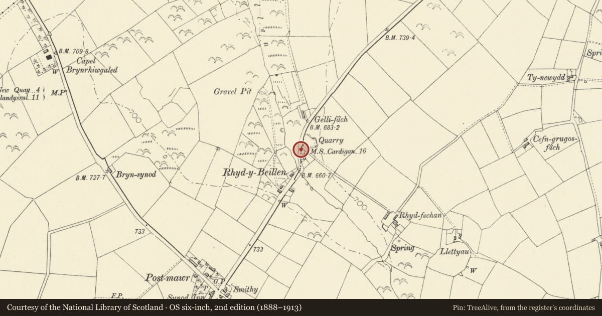 Ordnance Survey six-inch map, 2nd edition (1888–1913) covering the location of Milestone outside Dolcoed, Llanarth, Ceredigion, with a pin at the register's coordinates