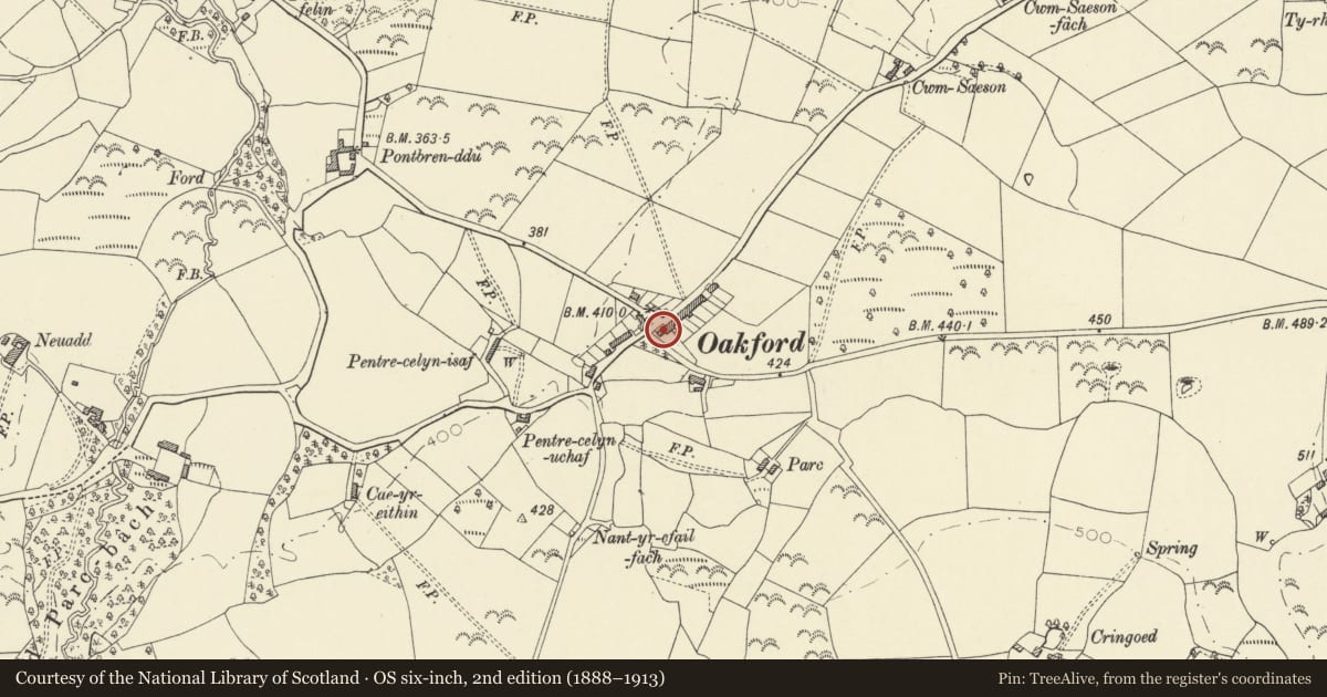 Ordnance Survey six-inch map, 2nd edition (1888–1913) covering the location of Rhydgwnllanau ( attached house to former Post Office ), Henfynyw, Ceredigion, with a pin at the register's coordinates