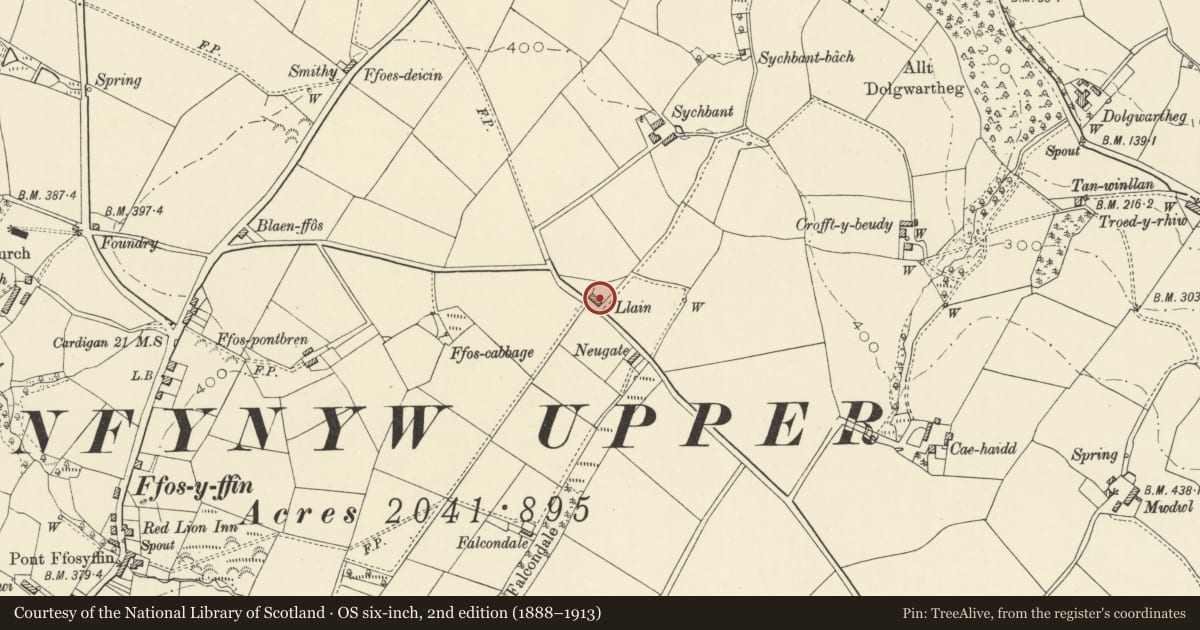 Ordnance Survey six-inch map, 2nd edition (1888–1913) covering the location of Delfryn Cottage, Henfynyw, Ceredigion, with a pin at the register's coordinates