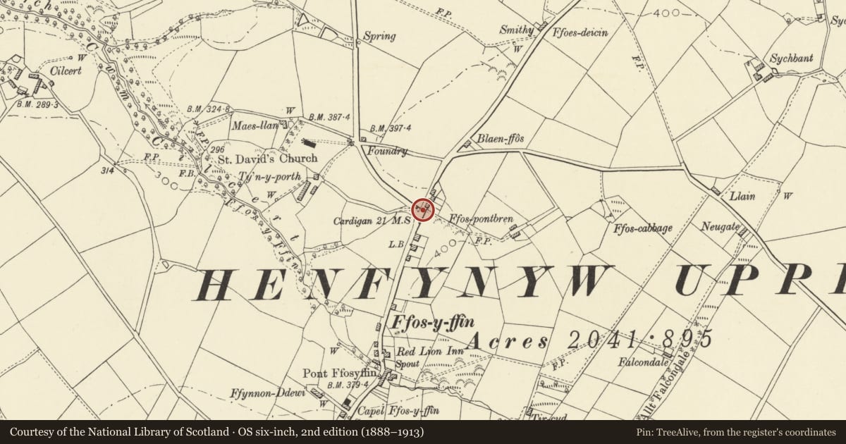 Ordnance Survey six-inch map, 2nd edition (1888–1913) covering the location of Milestone off A487 at Henfynyw, Ceredigion, with a pin at the register's coordinates