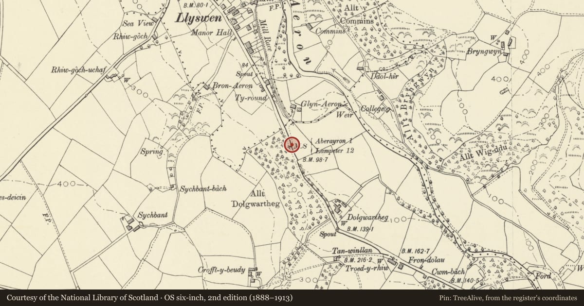 Ordnance Survey six-inch map, 2nd edition (1888–1913) covering the location of Milestone on A482, Henfynyw, Ceredigion, with a pin at the register's coordinates