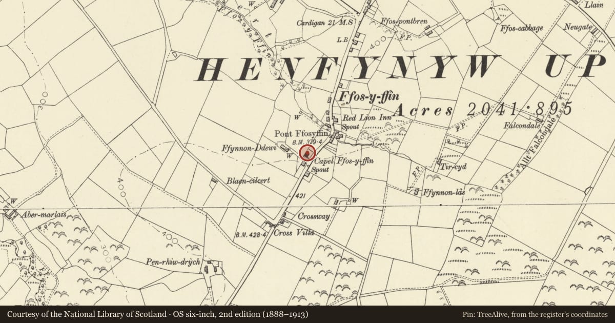 Ordnance Survey six-inch map, 2nd edition (1888–1913) covering the location of Ffos-y-ffin Chapel, Henfynyw, Ceredigion, with a pin at the register's coordinates