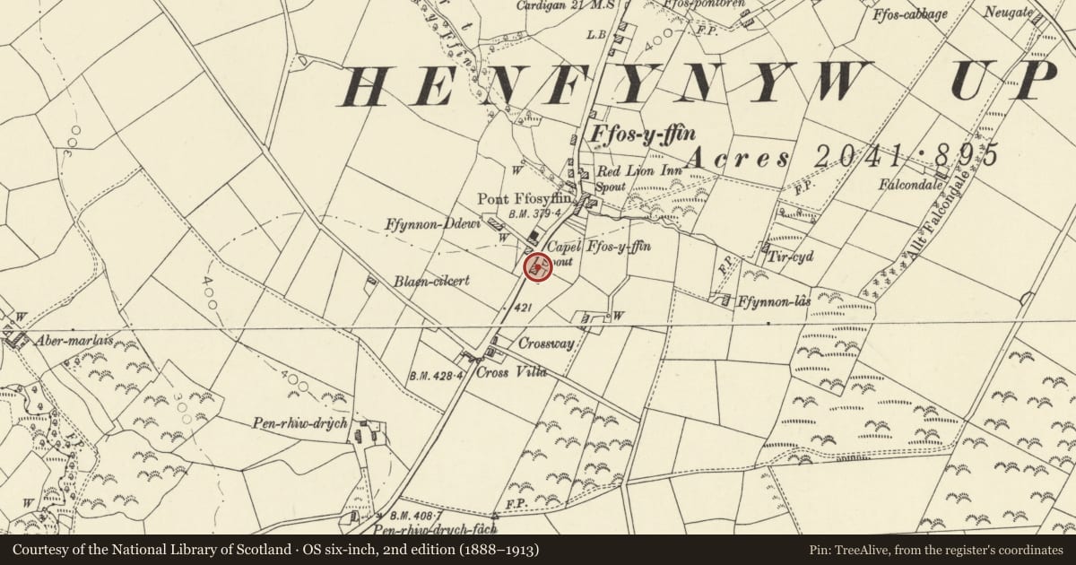 Ordnance Survey six-inch map, 2nd edition (1888–1913) covering the location of St David's Well, Henfynyw, Ceredigion, with a pin at the register's coordinates