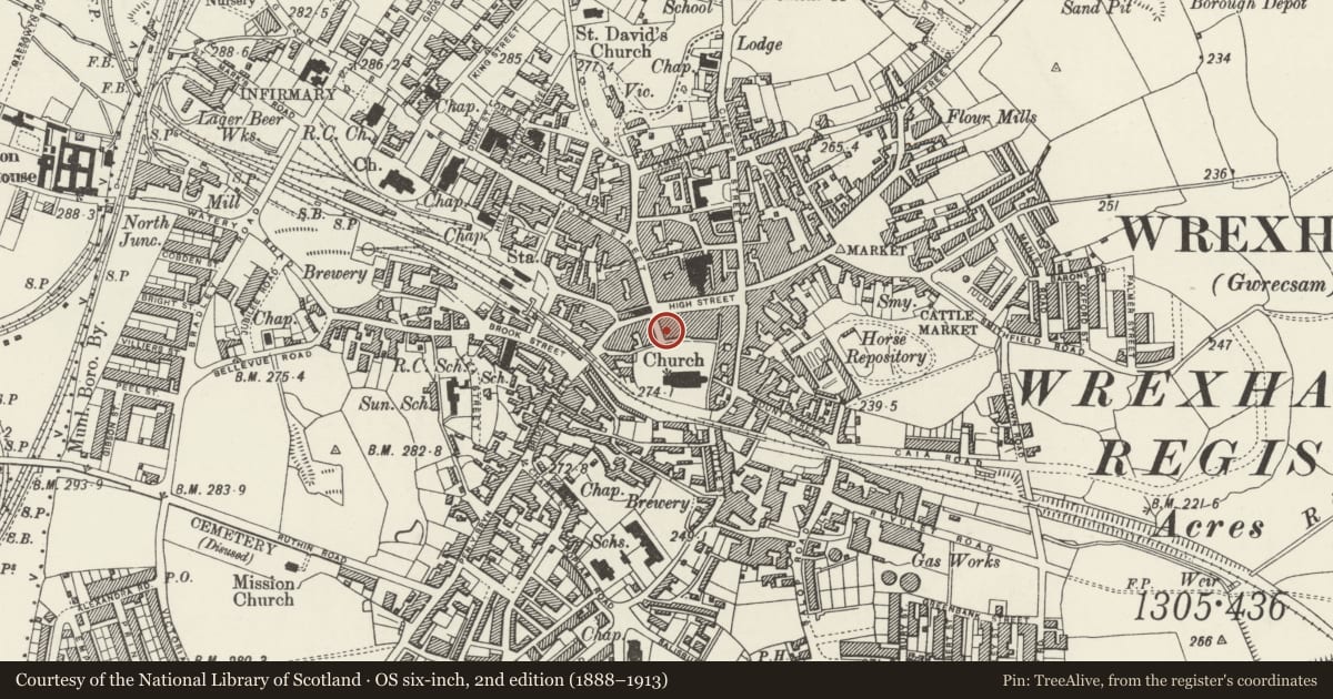 Ordnance Survey six-inch map, 2nd edition (1888–1913) covering the location of 3 Church Street, Offa, Wrexham, with a pin at the register's coordinates