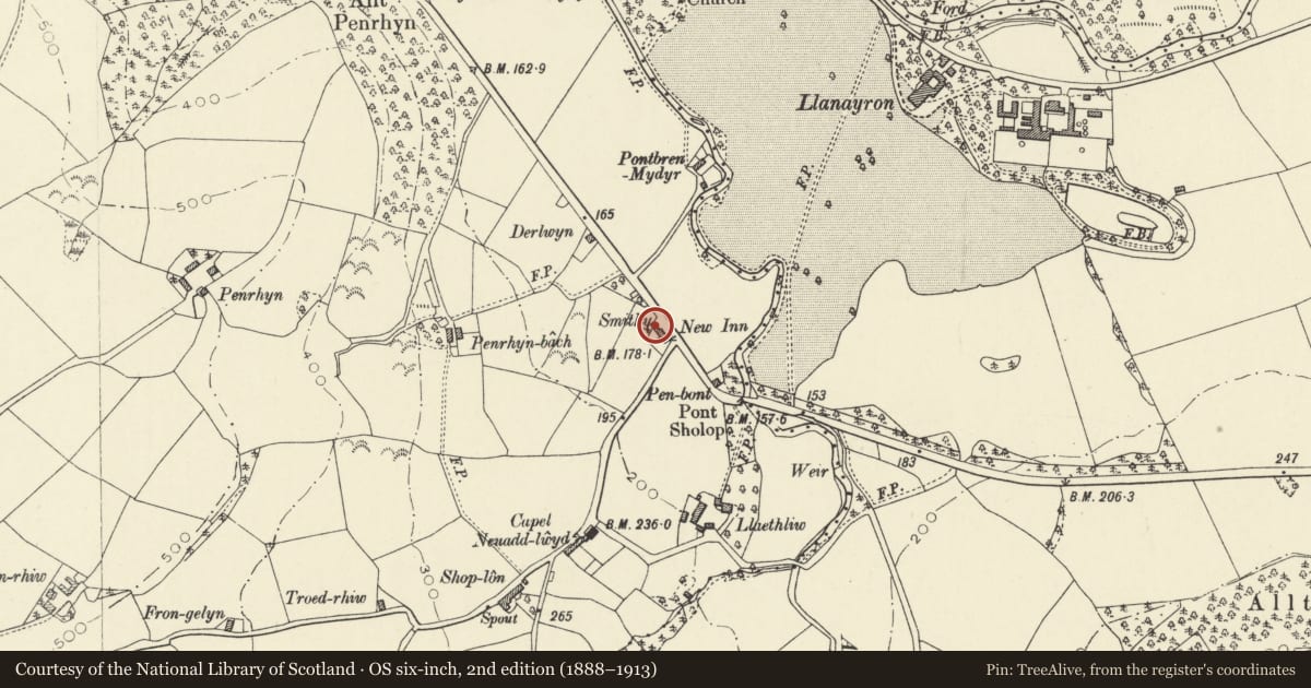 Ordnance Survey six-inch map, 2nd edition (1888–1913) covering the location of The Forge, Henfynyw, Ceredigion, with a pin at the register's coordinates