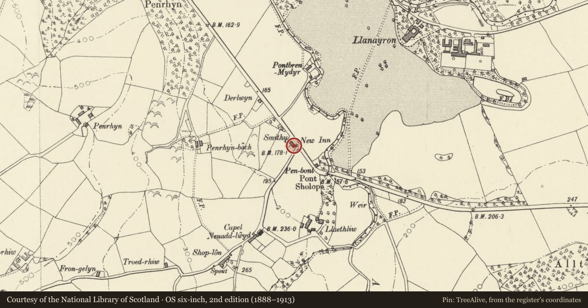 Ordnance Survey six-inch map, 2nd edition (1888–1913) covering the location of Outbuilding to the right of the Forge, Henfynyw, Ceredigion, with a pin at the register's coordinates