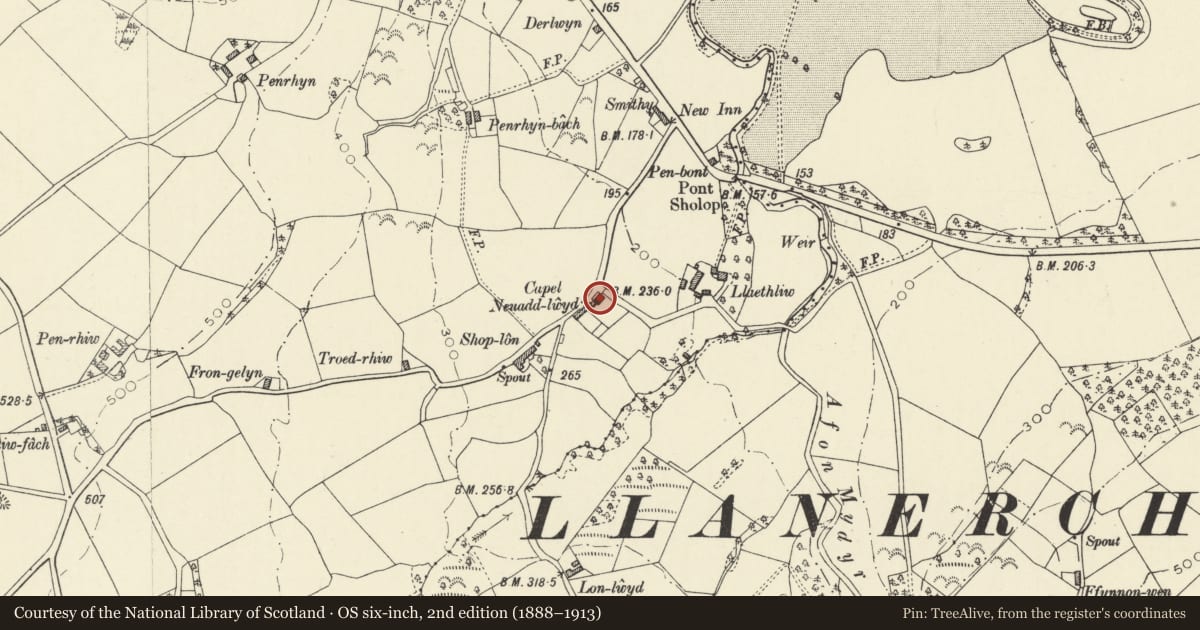 Ordnance Survey six-inch map, 2nd edition (1888–1913) covering the location of Capel Neuaddlwyd, Henfynyw, Ceredigion, with a pin at the register's coordinates