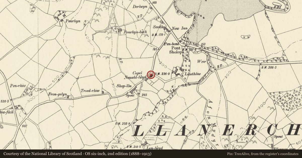 Ordnance Survey six-inch map, 2nd edition (1888–1913) covering the location of Monument at Capel Neuaddlwyd, Henfynyw, Ceredigion, with a pin at the register's coordinates