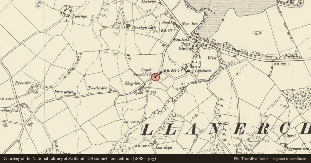 Ordnance Survey six-inch map, 2nd edition (1888–1913) covering the location of Siop Fach (Second Cottage), Henfynyw, Ceredigion, with a pin at the register's coordinates