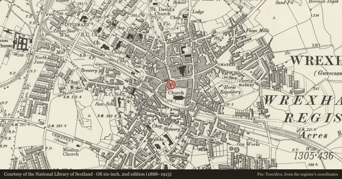 Ordnance Survey six-inch map, 2nd edition (1888–1913) covering the location of 7 Church Street, Offa, Wrexham, with a pin at the register's coordinates