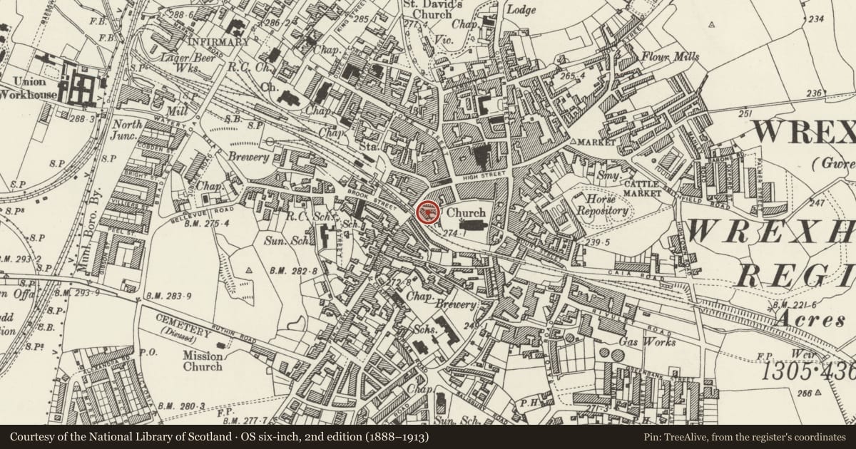 Ordnance Survey six-inch map, 2nd edition (1888–1913) covering the location of The Commercial Public House, Offa, Wrexham, with a pin at the register's coordinates