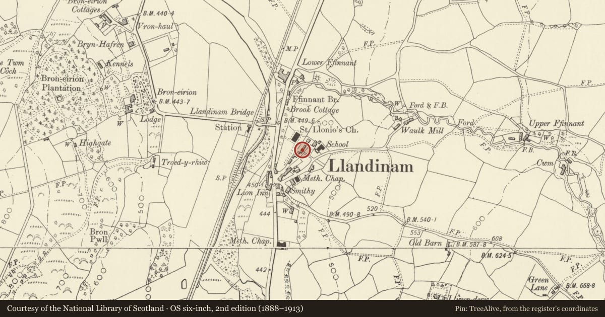 Ordnance Survey six-inch map, 2nd edition (1888–1913) covering the location of Malthouse Cottage, Llandinam, Powys, with a pin at the register's coordinates