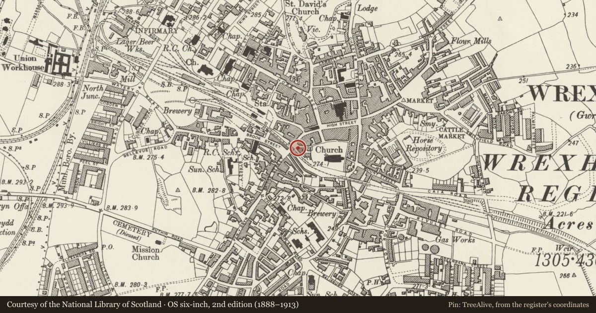 Ordnance Survey six-inch map, 2nd edition (1888–1913) covering the location of The Cambrian Vaults Public House, Offa, Wrexham, with a pin at the register's coordinates