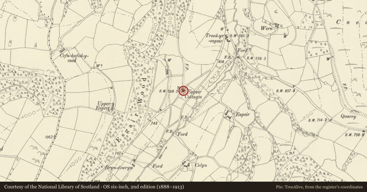 Ordnance Survey six-inch map, 2nd edition (1888–1913) covering the location of Middle Esgair Cottage, Llandinam, Powys, with a pin at the register's coordinates