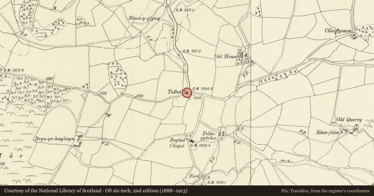 Ordnance Survey six-inch map, 2nd edition (1888–1913) covering the location of Lower Talbot Cottage, Llandinam, Powys, with a pin at the register's coordinates