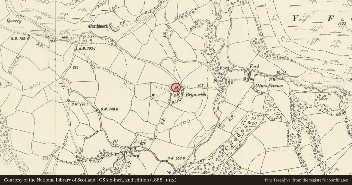 Ordnance Survey six-inch map, 2nd edition (1888–1913) covering the location of Farm building at Bryn coch cottage, Llandinam, Powys, with a pin at the register's coordinates