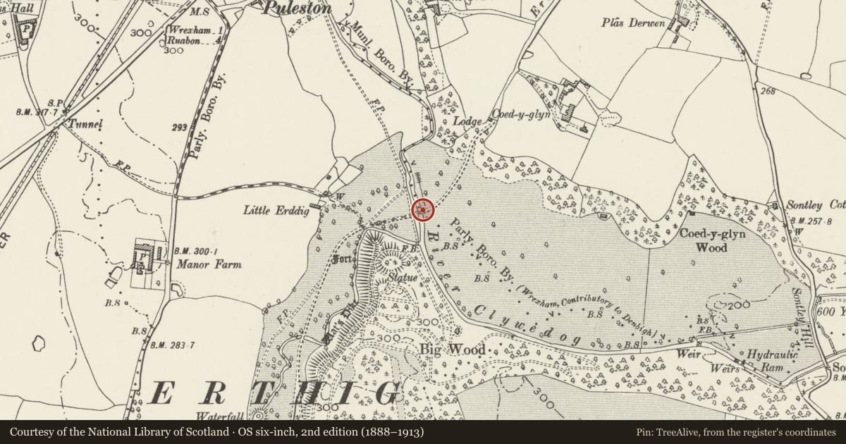 Ordnance Survey six-inch map, 2nd edition (1888–1913) covering the location of Bridge over River Clywedog, Offa, Wrexham, with a pin at the register's coordinates