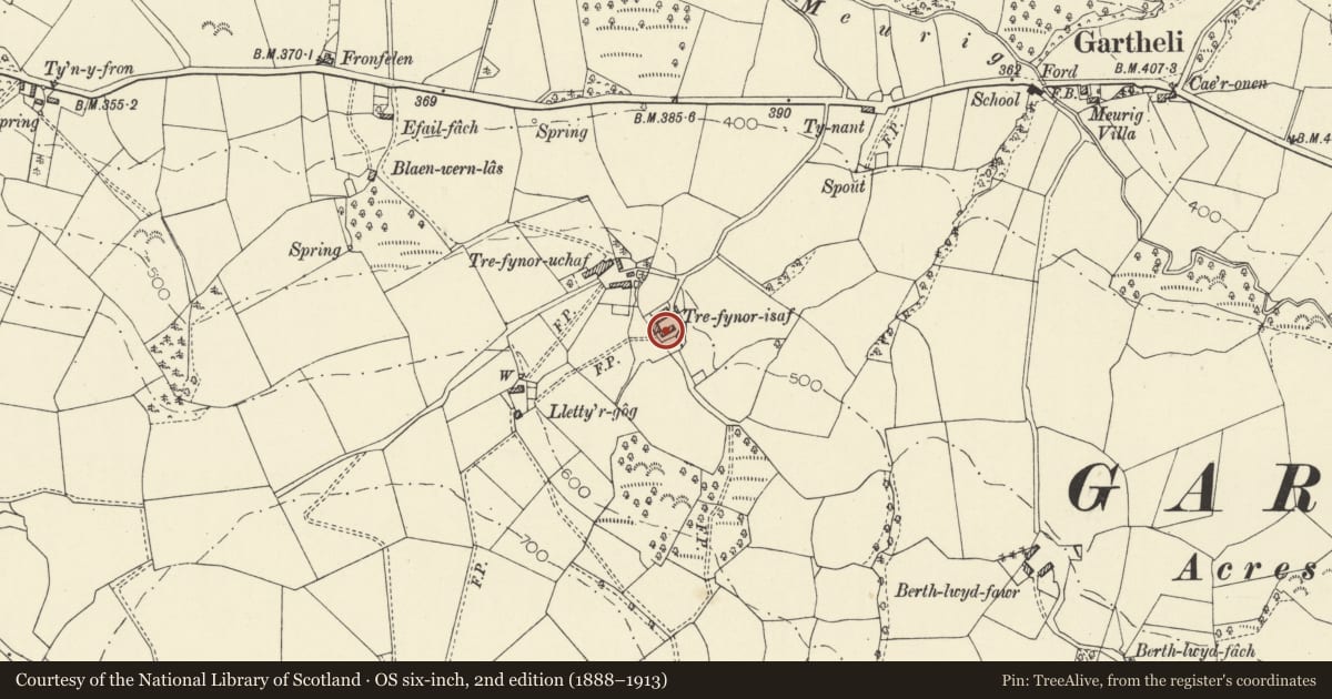 Ordnance Survey six-inch map, 2nd edition (1888–1913) covering the location of Former farmhouse and cowshed at Trefynor Isaf, Nantcwnlle, Ceredigion, with a pin at the register's coordinates