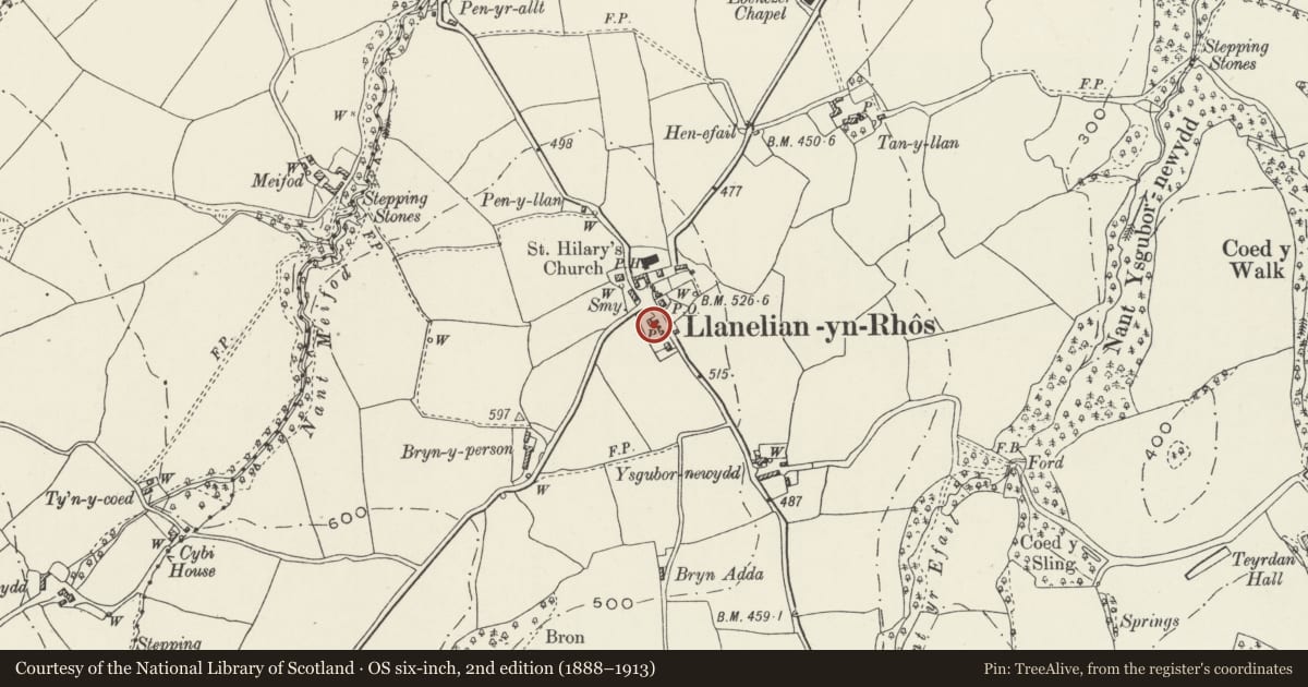 Ordnance Survey six-inch map, 2nd edition (1888–1913) covering the location of Llan Farm, Betws Yn Rhos, Conwy, with a pin at the register's coordinates