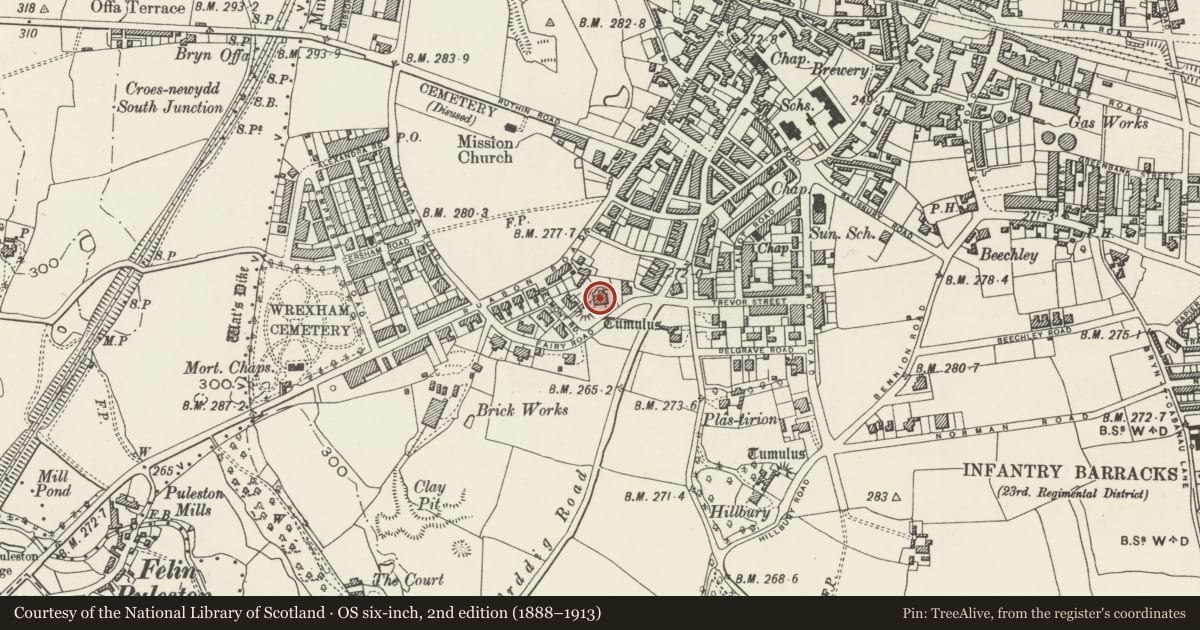 Ordnance Survey six-inch map, 2nd edition (1888–1913) covering the location of 5 Fairy Road, Offa, Wrexham, with a pin at the register's coordinates