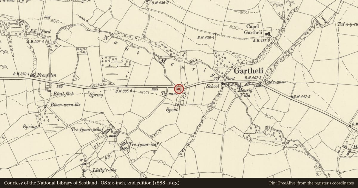 Ordnance Survey six-inch map, 2nd edition (1888–1913) covering the location of Tynant, Nantcwnlle, Ceredigion, with a pin at the register's coordinates