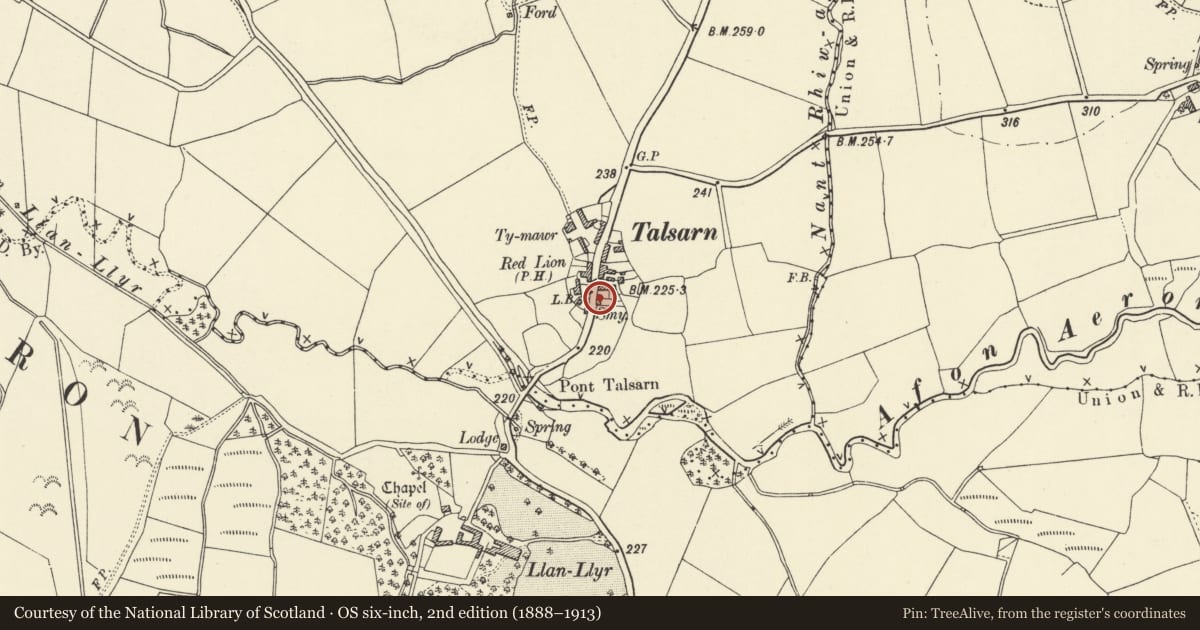 Ordnance Survey six-inch map, 2nd edition (1888–1913) covering the location of Talsarn Smithy, Nantcwnlle, Ceredigion, with a pin at the register's coordinates