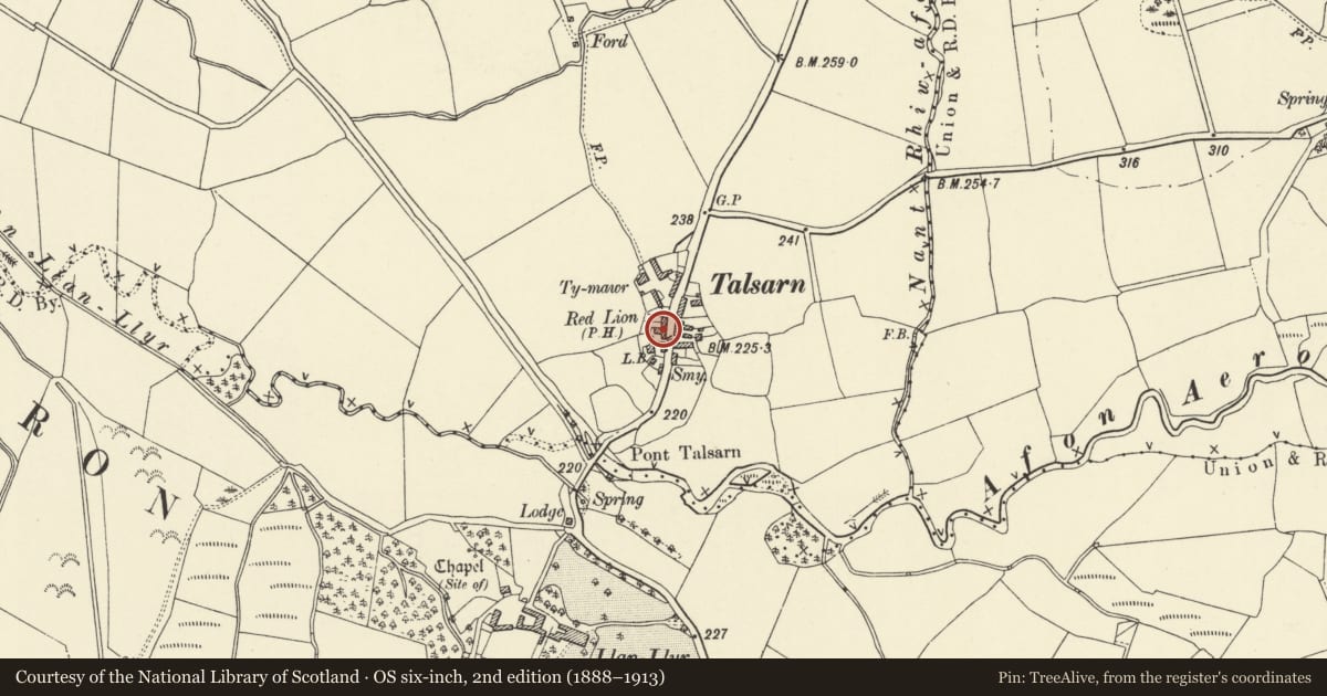 Ordnance Survey six-inch map, 2nd edition (1888–1913) covering the location of The Red Lion Inn, Nantcwnlle, Ceredigion, with a pin at the register's coordinates