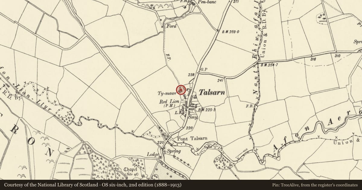 Ordnance Survey six-inch map, 2nd edition (1888–1913) covering the location of Ty Mawr, Nantcwnlle, Ceredigion, with a pin at the register's coordinates