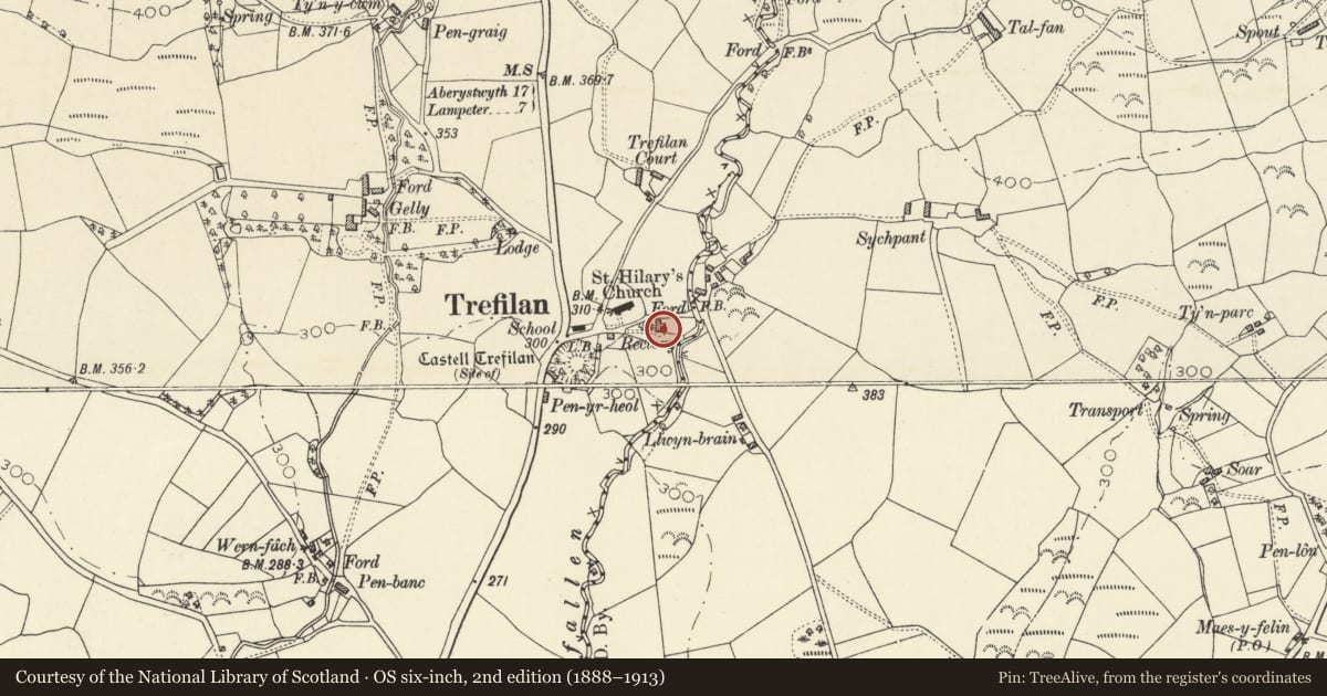 Ordnance Survey six-inch map, 2nd edition (1888–1913) covering the location of Plas Trefilan, Nantcwnlle, Ceredigion, with a pin at the register's coordinates