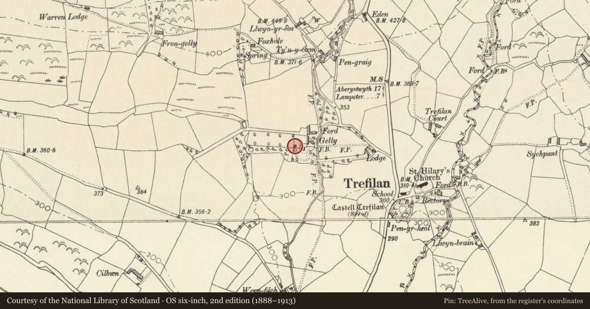Ordnance Survey six-inch map, 2nd edition (1888–1913) covering the location of Walls of walled garden and lean-to at Gelli, Nantcwnlle, Ceredigion, with a pin at the register's coordinates