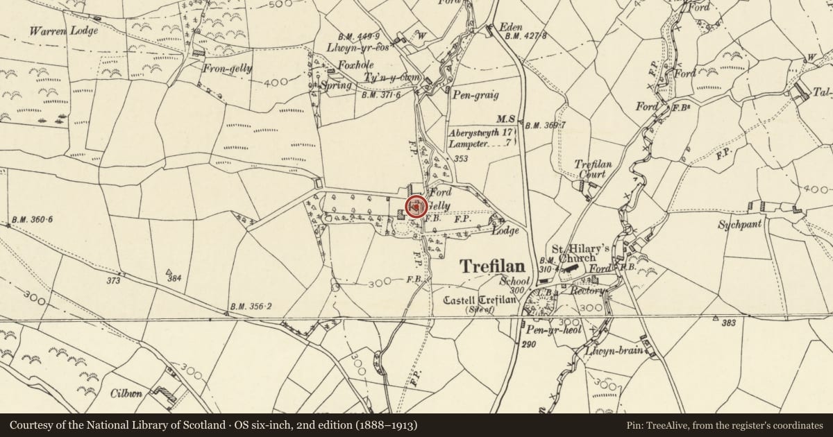Ordnance Survey six-inch map, 2nd edition (1888–1913) covering the location of Barn cottage at Gelli, Nantcwnlle, Ceredigion, with a pin at the register's coordinates