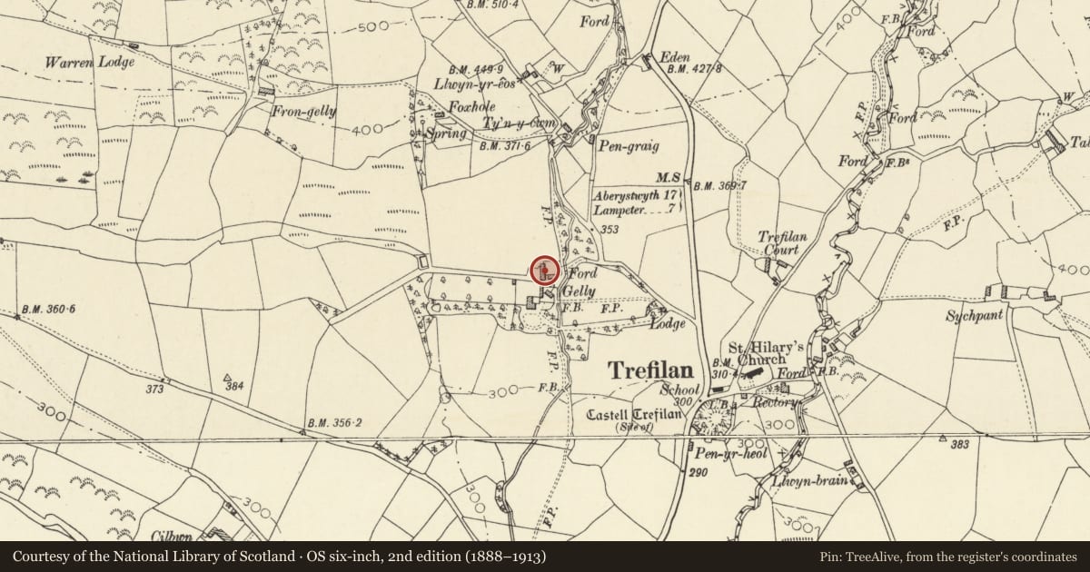 Ordnance Survey six-inch map, 2nd edition (1888–1913) covering the location of Cowshed at Gelli, Nantcwnlle, Ceredigion, with a pin at the register's coordinates